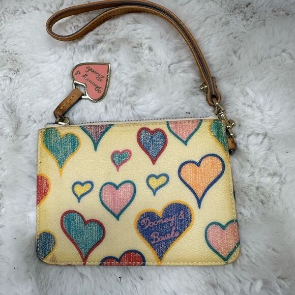 Dooney & Bourke Yellow With Colored Heart Print Key Holder Wristlet - Picture 5 of 8